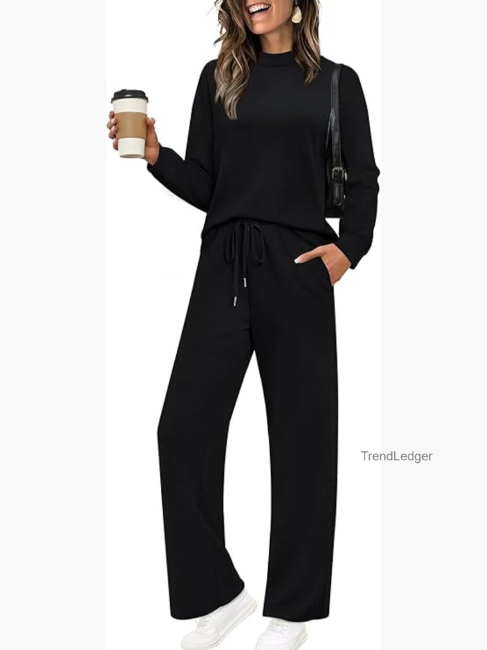 Two Piece Matching Set Loungewear Mock Neck Top Wide Leg Pants Fall Outfit